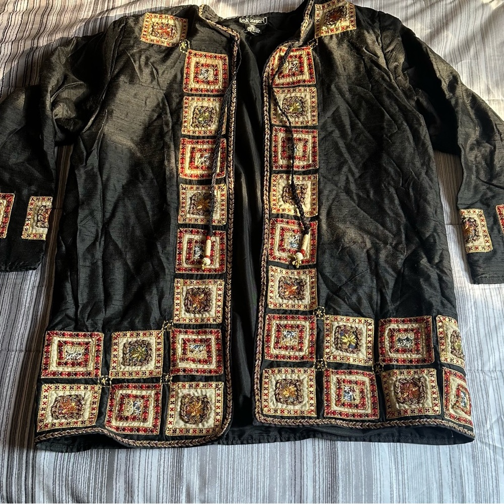 JA Resort‎ Black Silk Embroidered Ethnic Kimono - Size S
